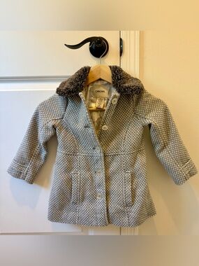 Cherokee Girls' Gray Patterned Winter Coat with Faux Fur Collar - 3T